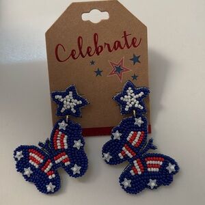 Beaded patriotic red, white and blue butterfly post earrings new